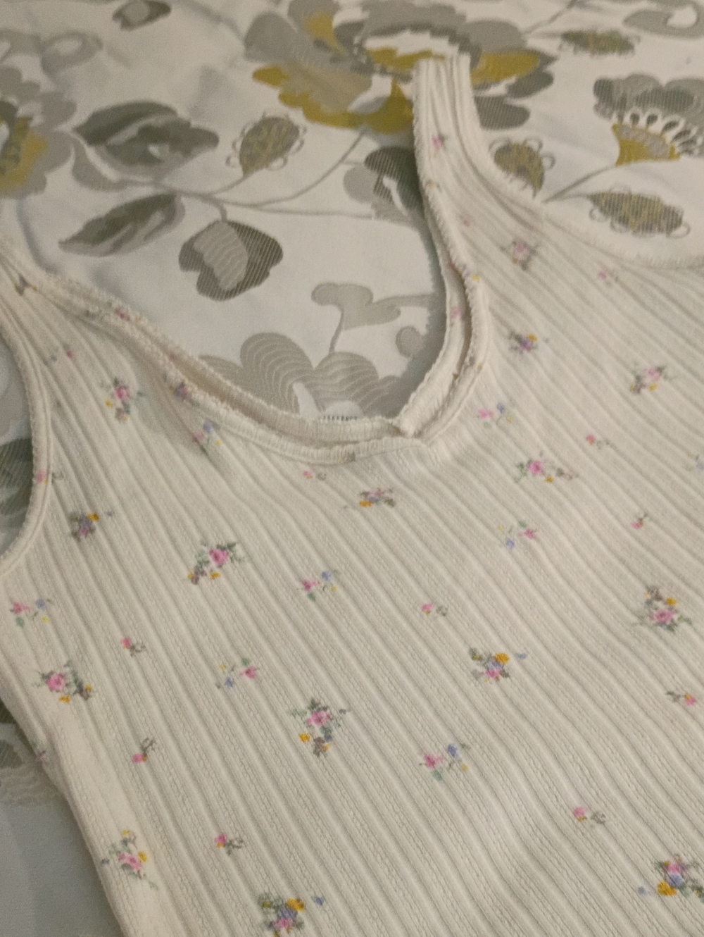 Universal Thread Cream Ribbed Tank with Tiny Pink, Blue & Yellow Floral Print